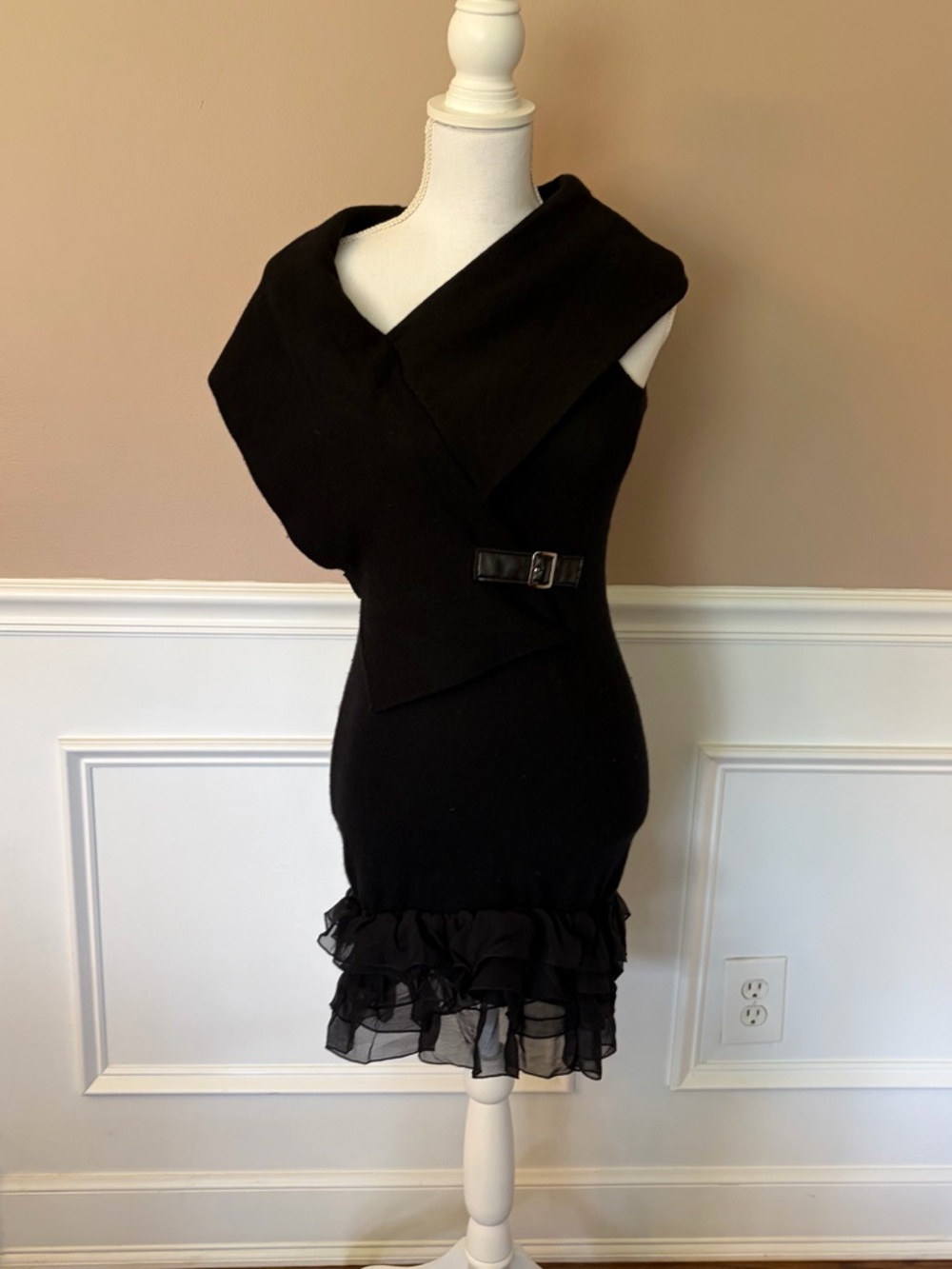 Draped Black Mini Dress with Buckle Waist and Ruffle Hem